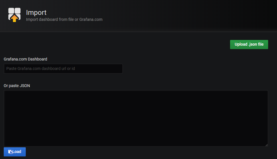 Screenshot of the Grafana dashboard upload option