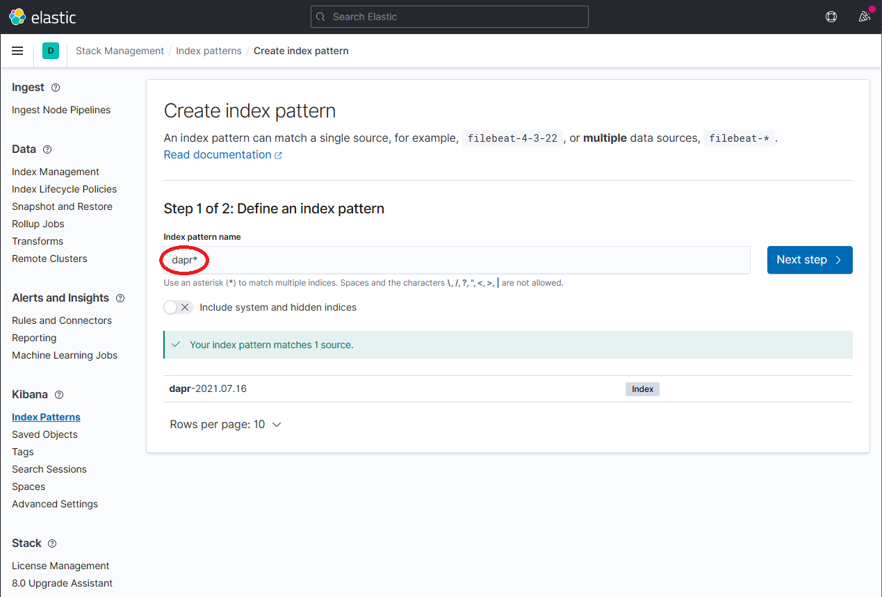 Kibana define an index pattern page