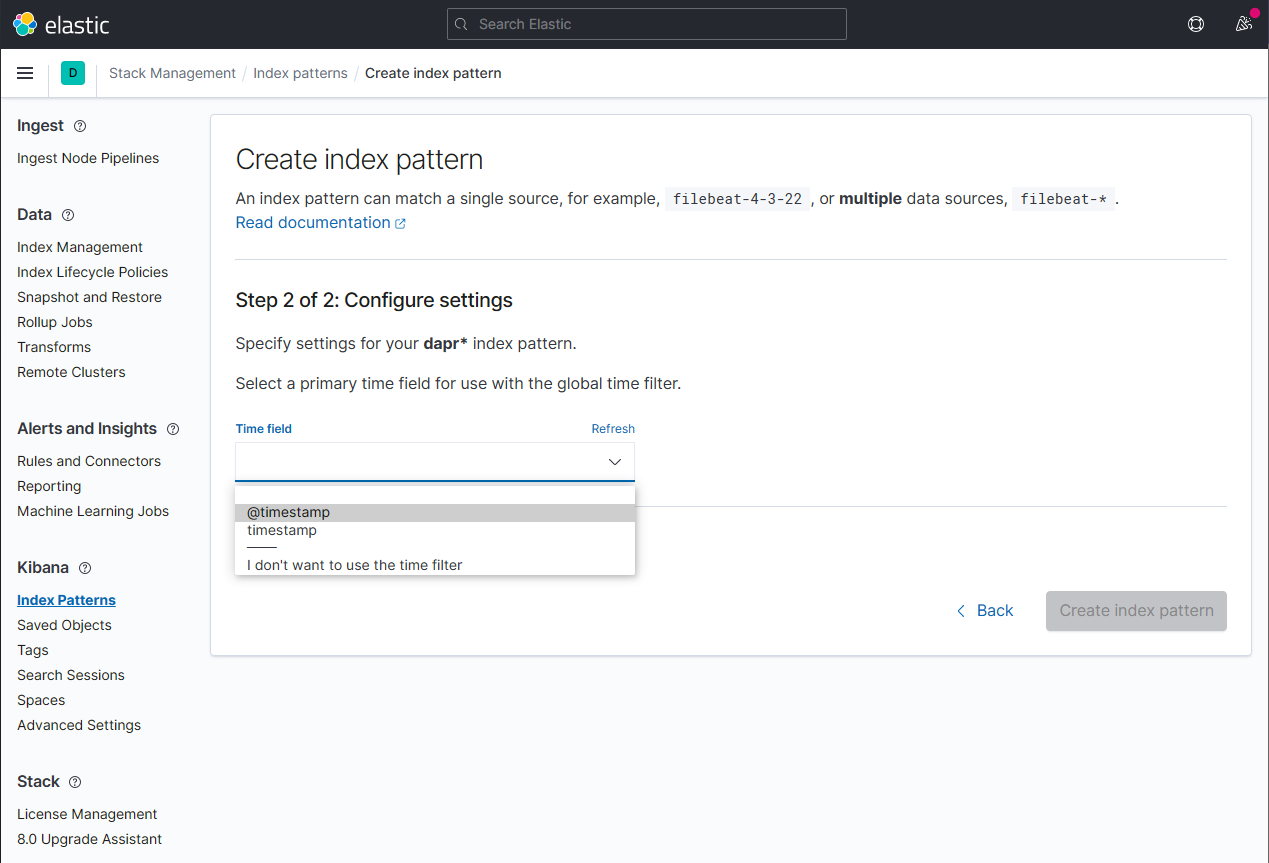 Kibana configure settings page for creating an index pattern