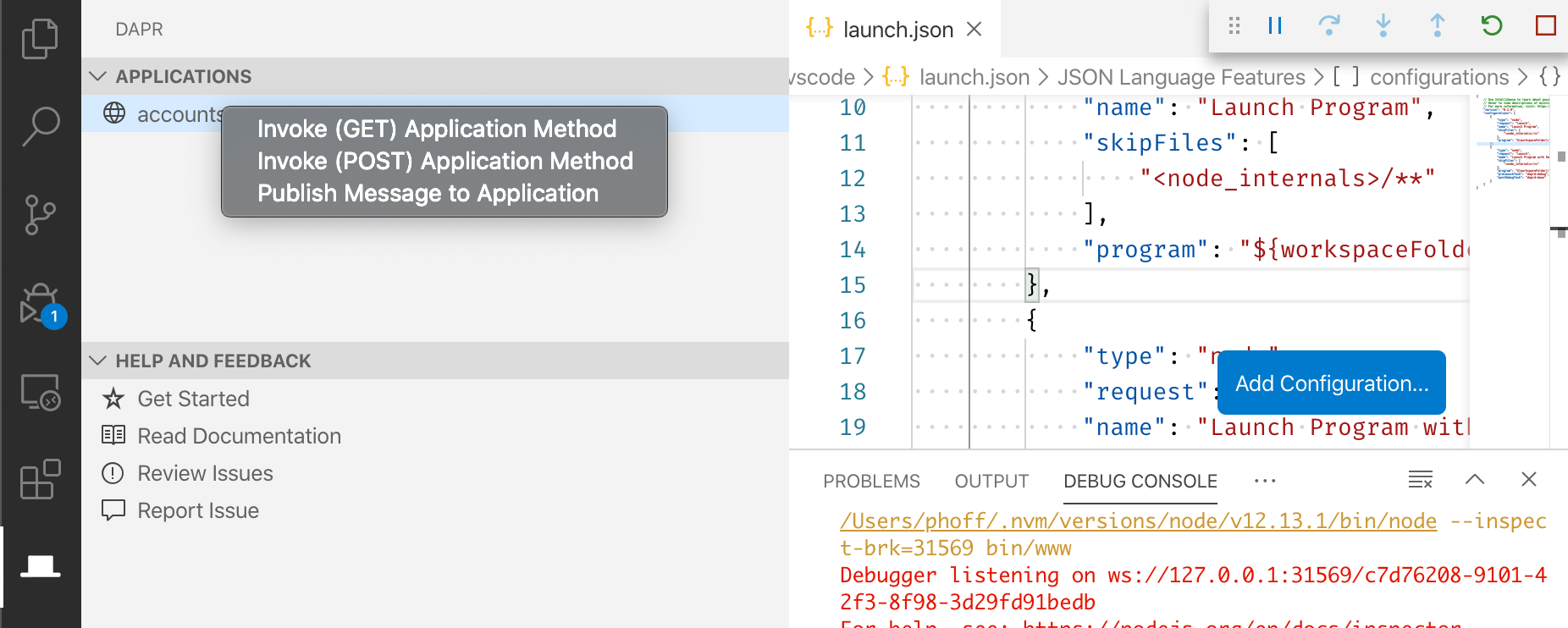 Dapr VSCode 扩展视图中运行应用程序选项的截图